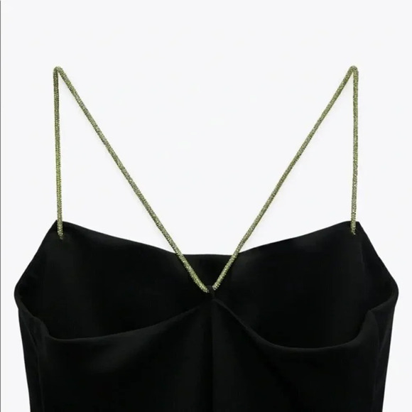 Zara Black Cowl Neck Mini Dress w/  Green Diamante Rhinestone Straps Sz Small - Picture 5 of 16